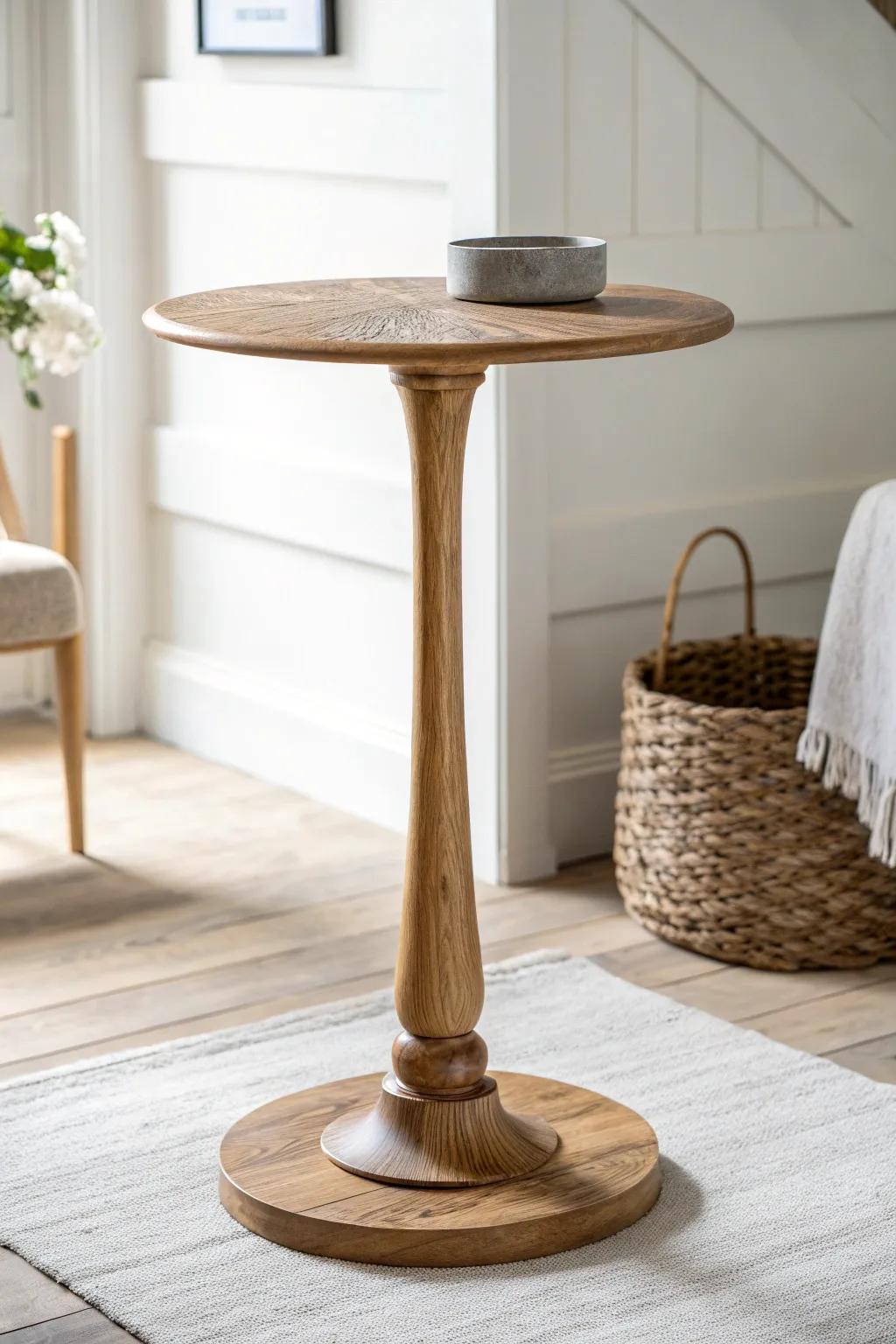 A slim round pedestal martini table—perfectly sized for one drink and a coaster.