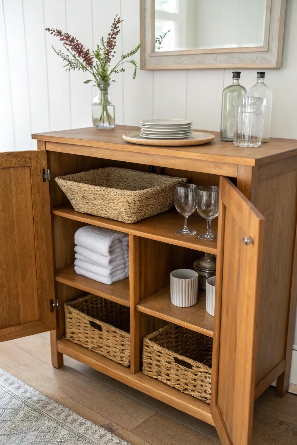Open-shelf dry sink bar styling: warm wood, woven basket storage, and airy glassware display.