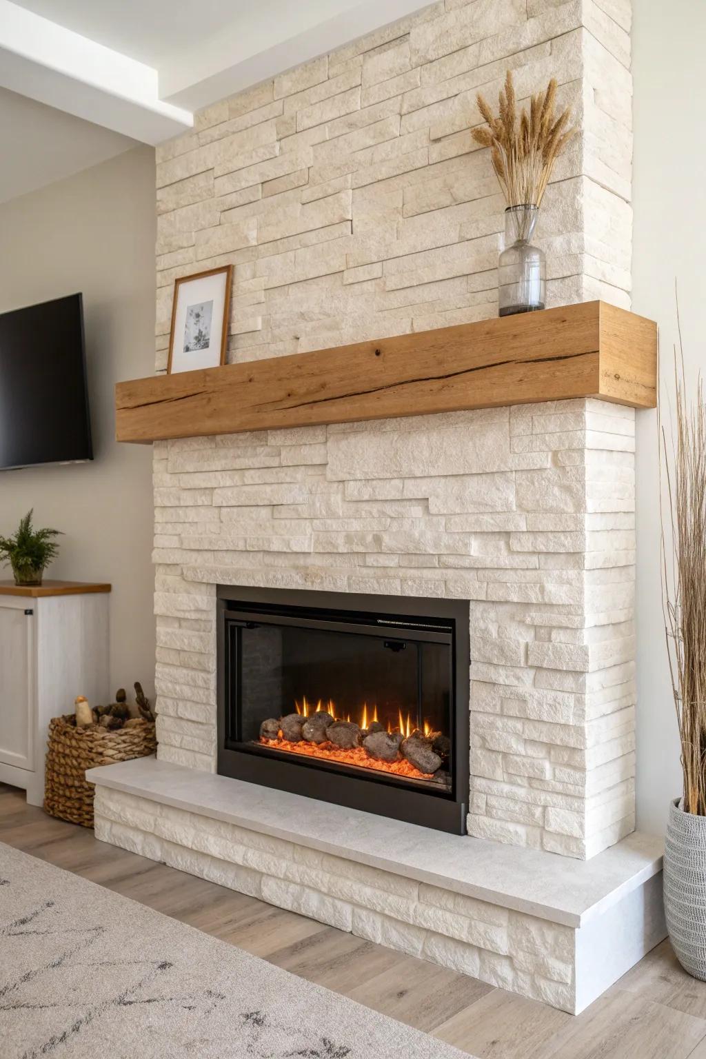 Ceiling-high stone-look surround with a simple oak mantel—warm, modern drama for any room.