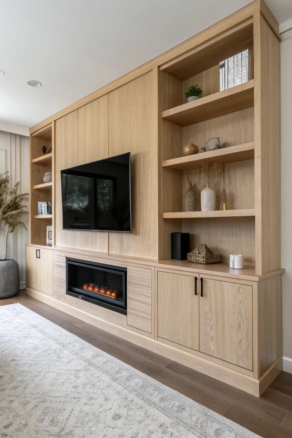 Full-wall oak built-ins framing an electric fireplace for a seamless, custom entertainment wall.