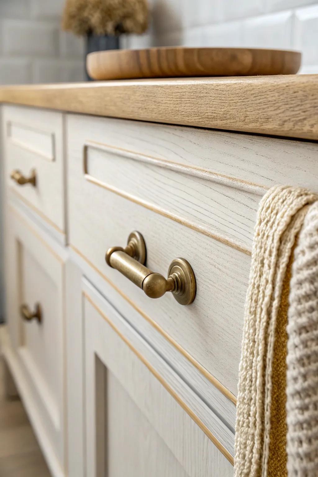 Warm brass vintage pulls transform a simple vanity into instant French country elegance.