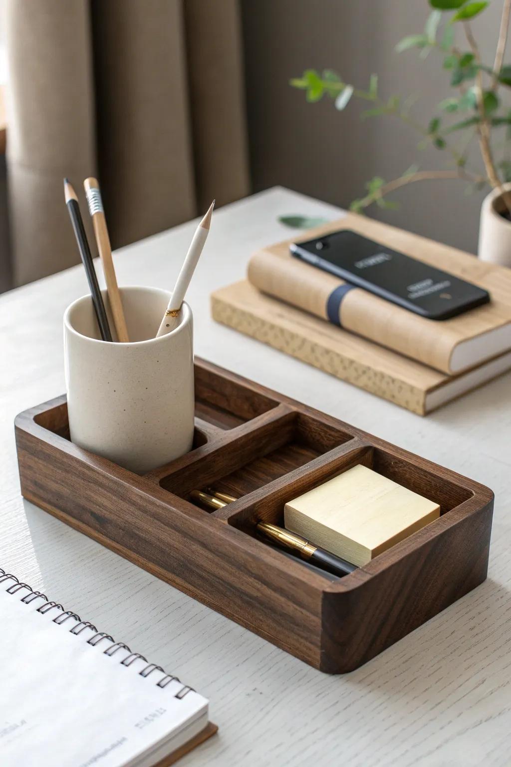 A matching walnut desk organizer that keeps essentials tidy—Scandi clean with a soft boho warmth.