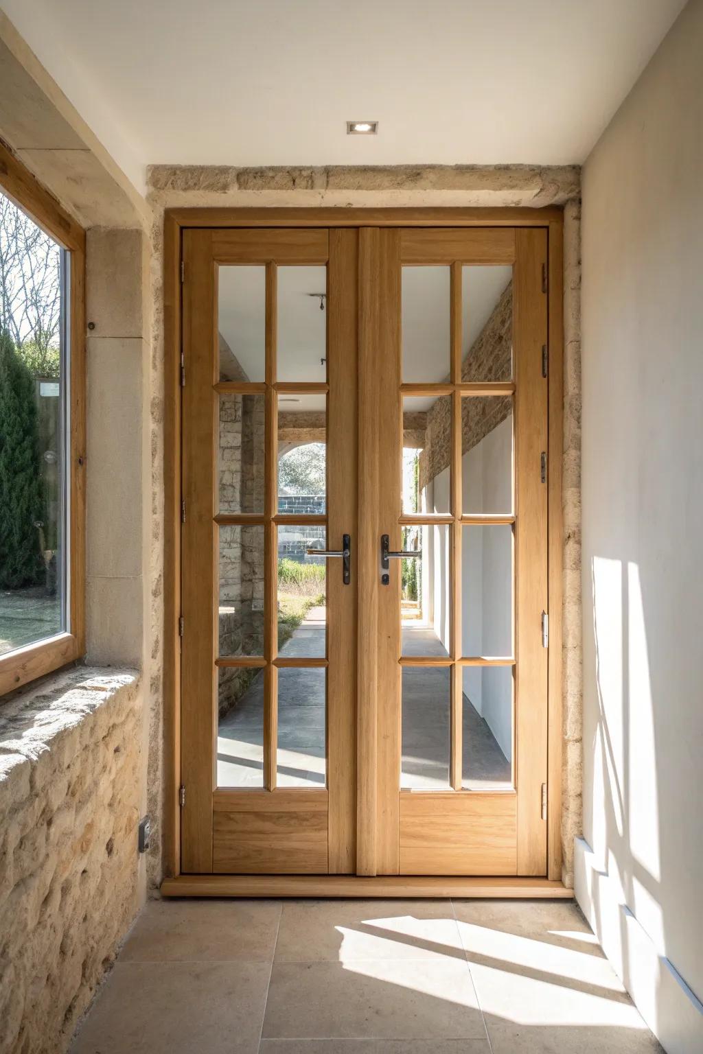 Bright glass-door lightway: reclaimed windows + pale oak for an airy, never-dark garage walkway.