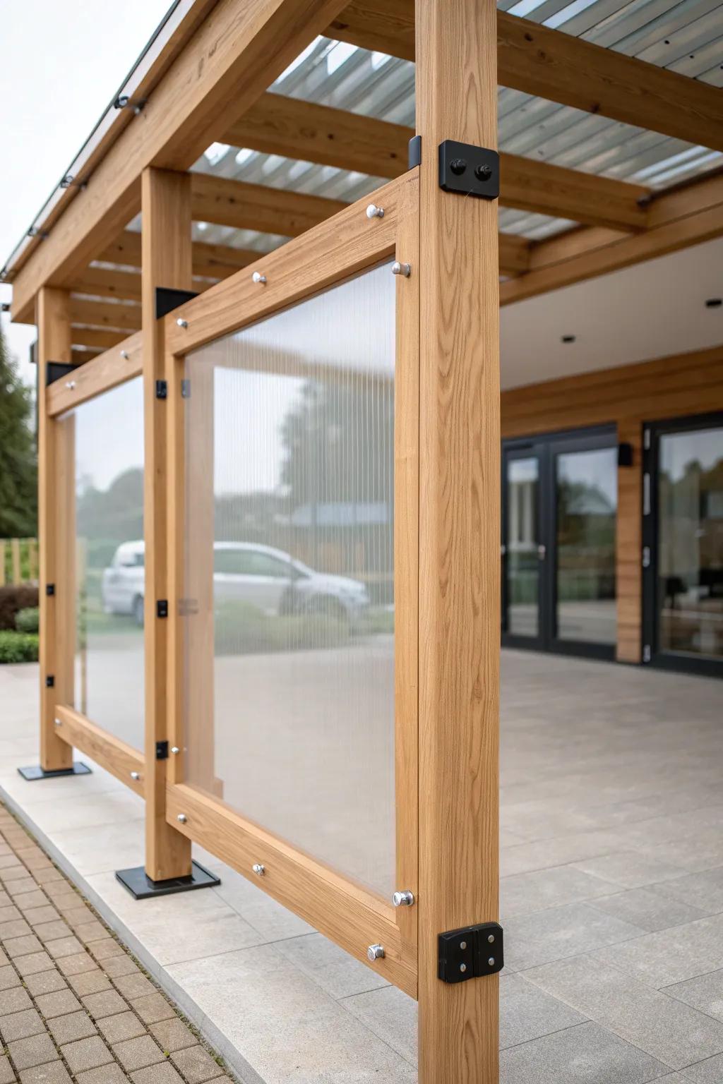 Clear polycarbonate wind wall: airy protection that keeps your carport open and bright.