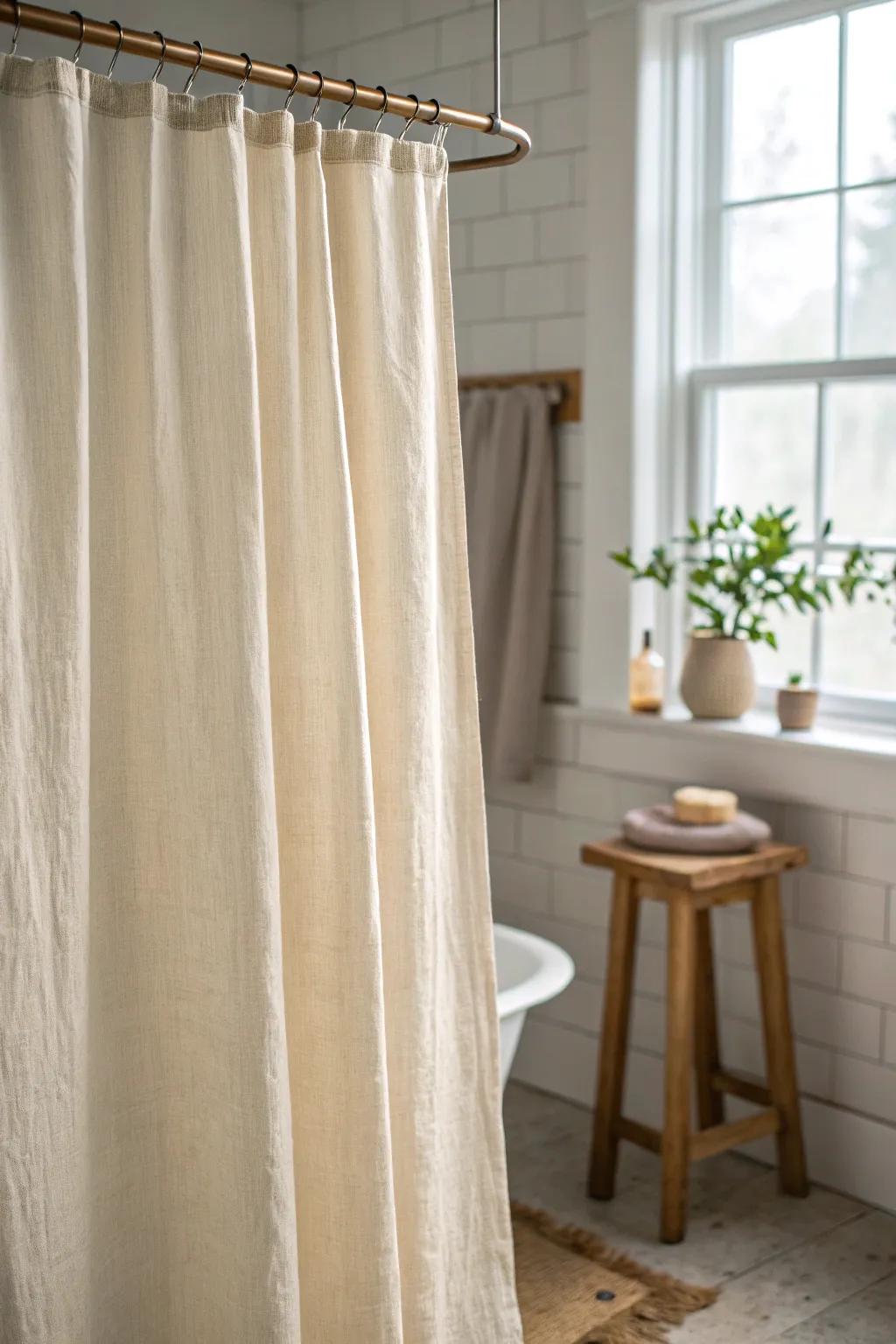 A softly textured linen shower curtain adds cottage charm and warmth without bulky glass.