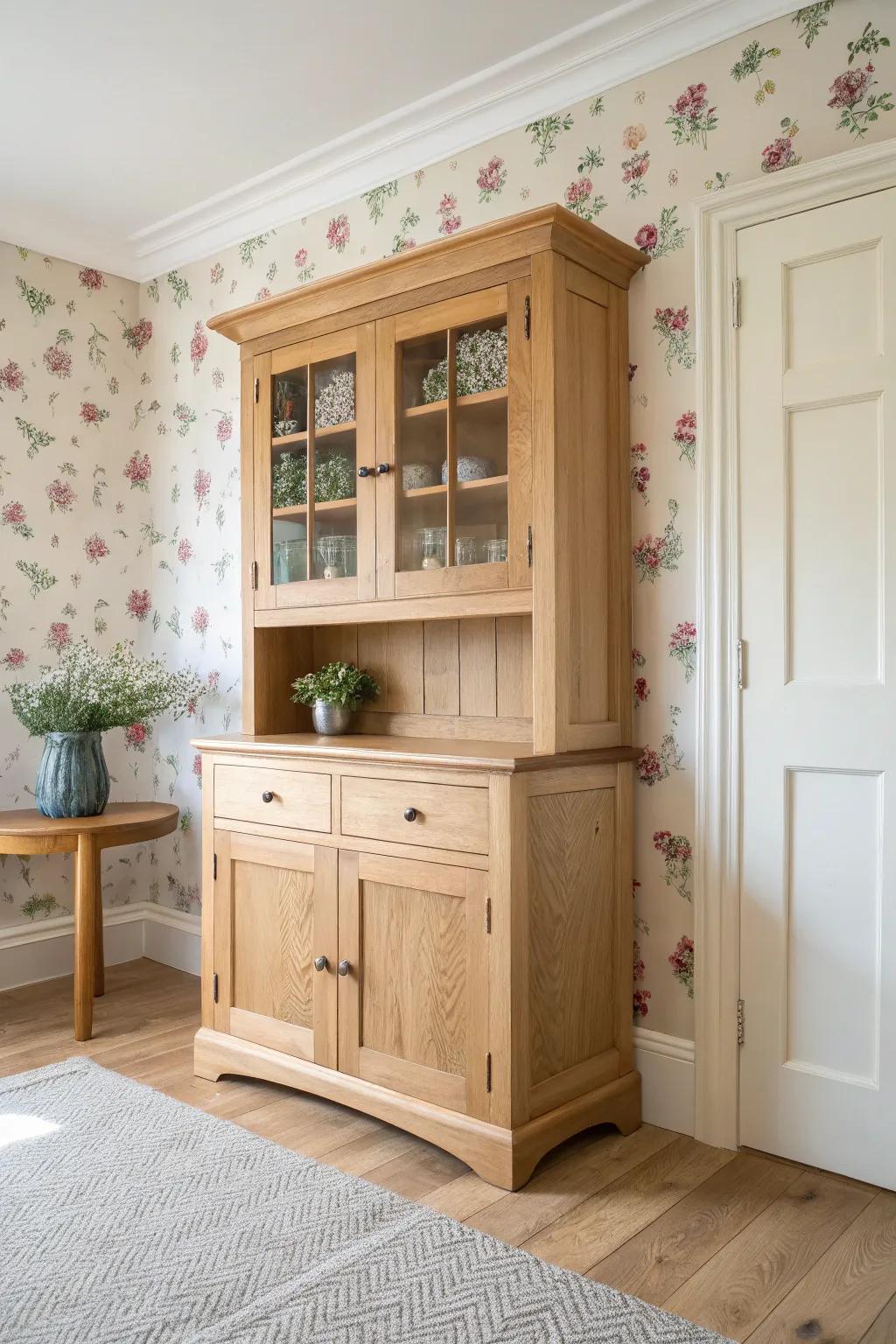 One floral accent wall + a handcrafted oak hutch—simple Scandinavian cottage charm, softly boho.