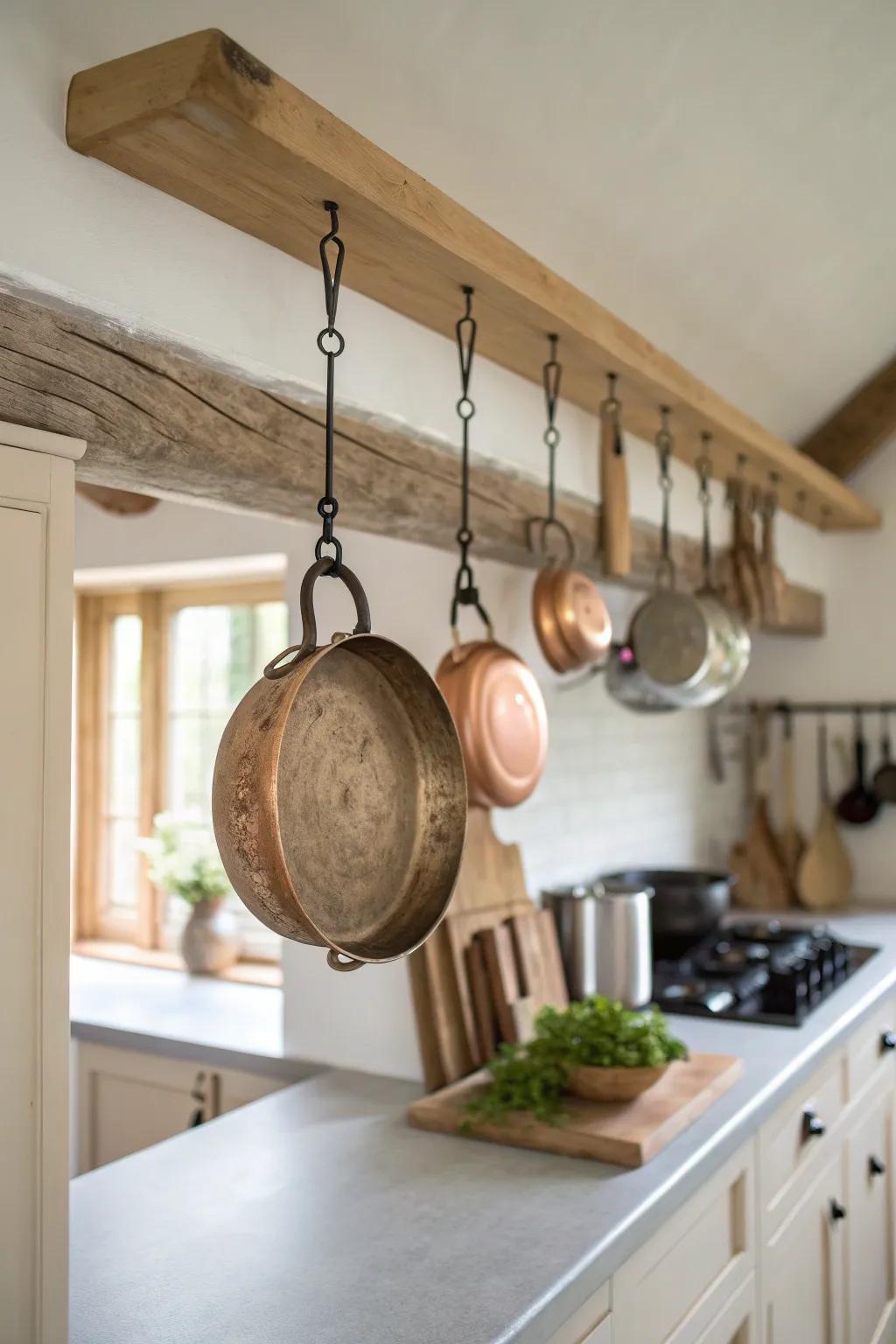 A hanging pot rail brings instant English cottage charm—mixed metals, patina, and warmth.