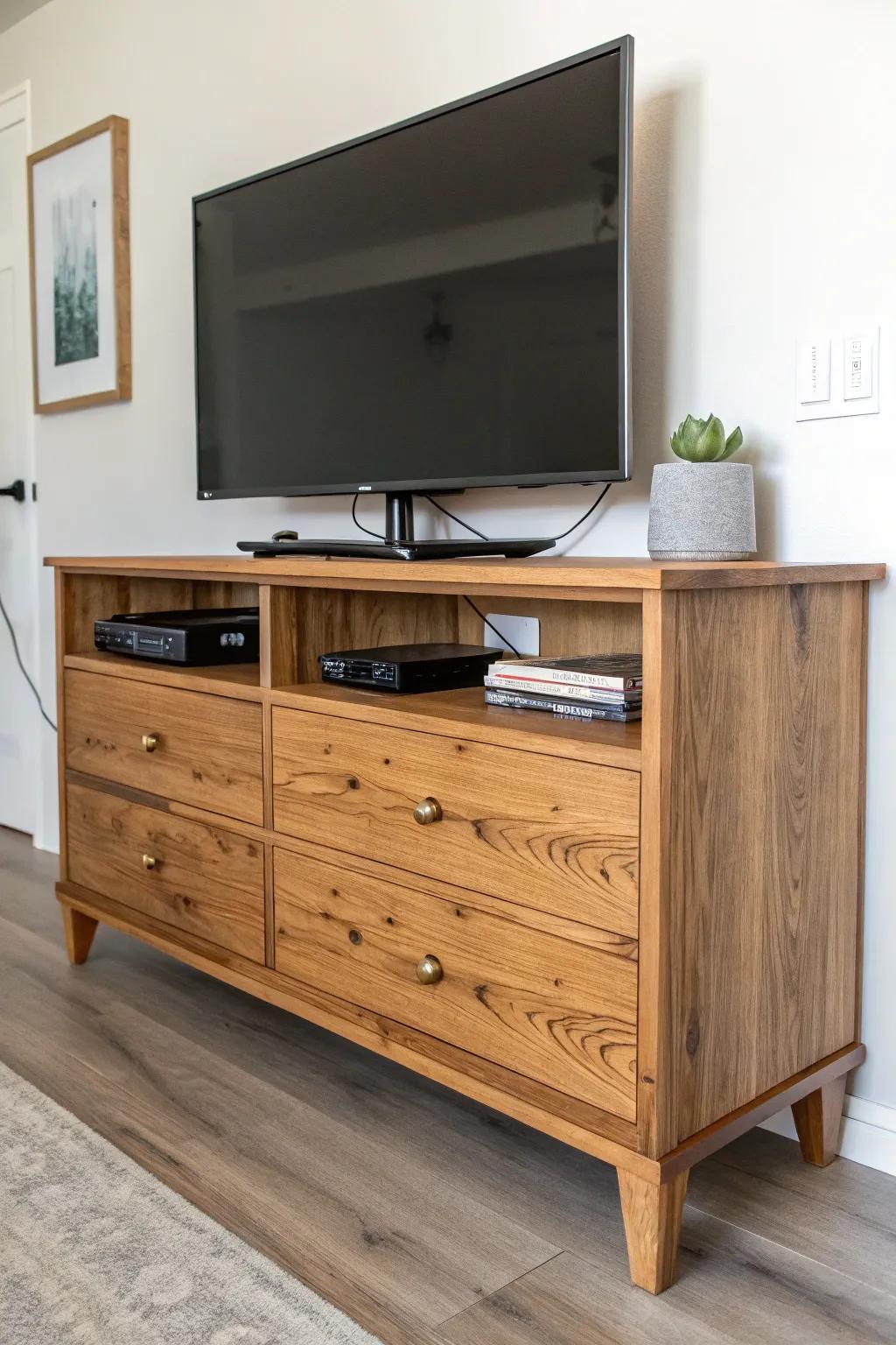 Reclaimed wood media chest: deep drawers hide cords and clutter in a small-space living room.
