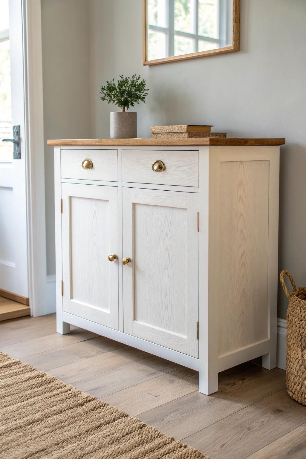 Two-tone entryway cabinet: warm wood top + painted base for a cozy, scuff-hiding upgrade.