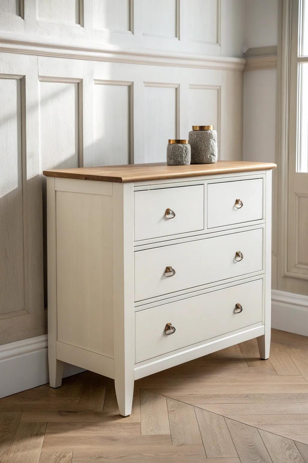 Two-tone entryway chest: matte painted base with a natural oak top for warm, clean contrast.