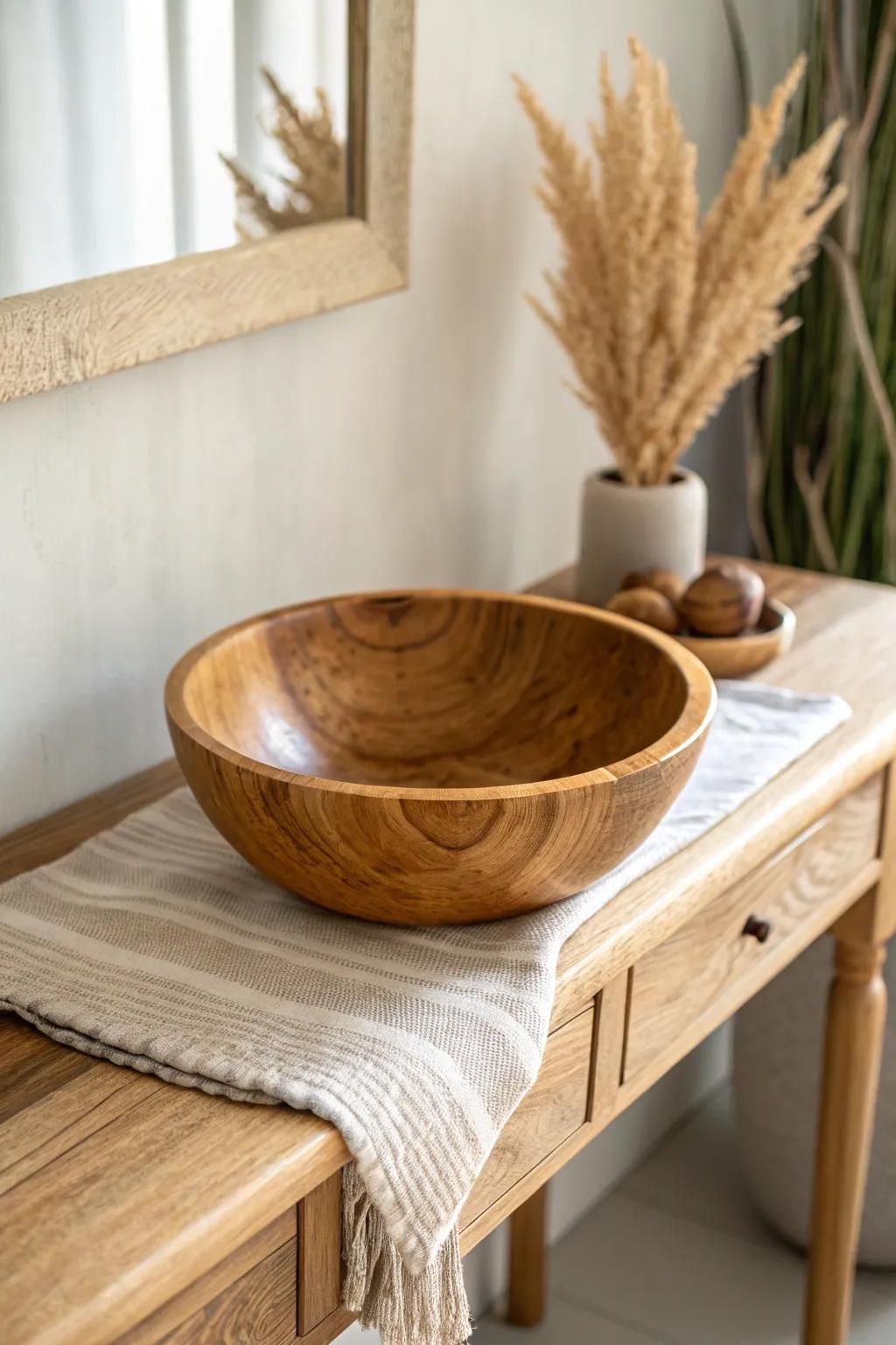 A sculptural wooden bowl centered on the console—simple, practical, and beautifully timeless.