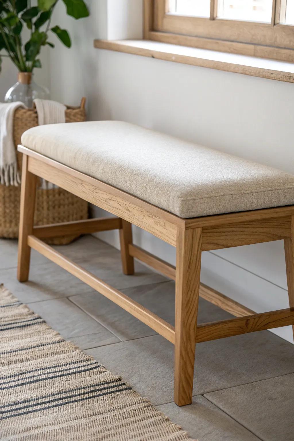 Neutral cushioned oak bench: instant comfort now, easy pillow swaps for every season.
