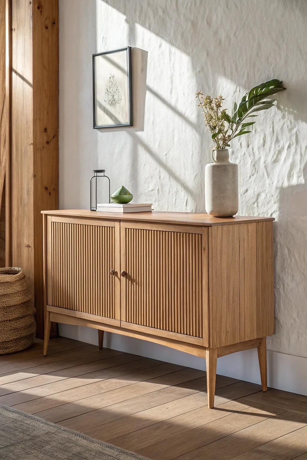 Slatted oak sideboard doors add modern texture and warmth—an easy upgrade with big impact.