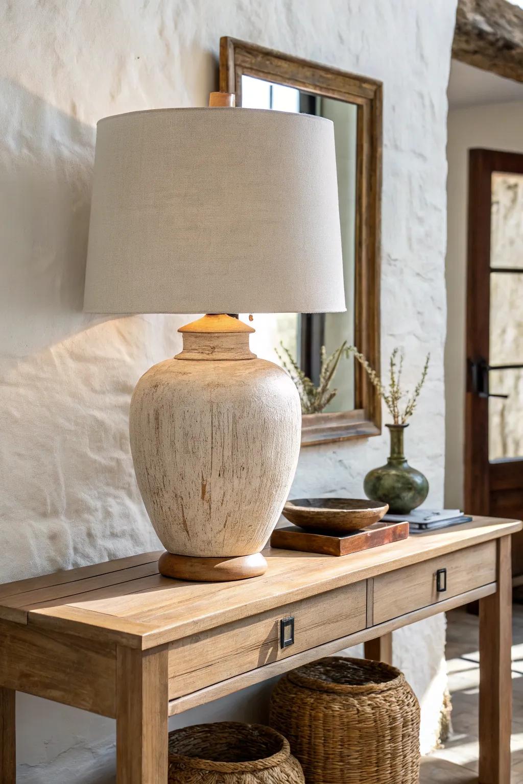An oversized linen-shade lamp that anchors a grand entryway and warms up chunky wood.