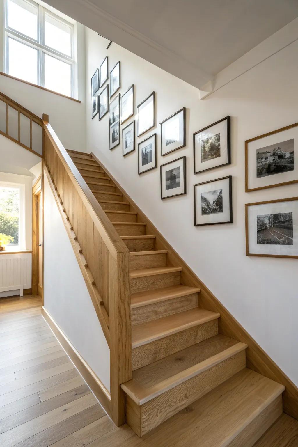 One long oak stairway photo run turns an awkward entry wall into a clean, story-filled gallery.