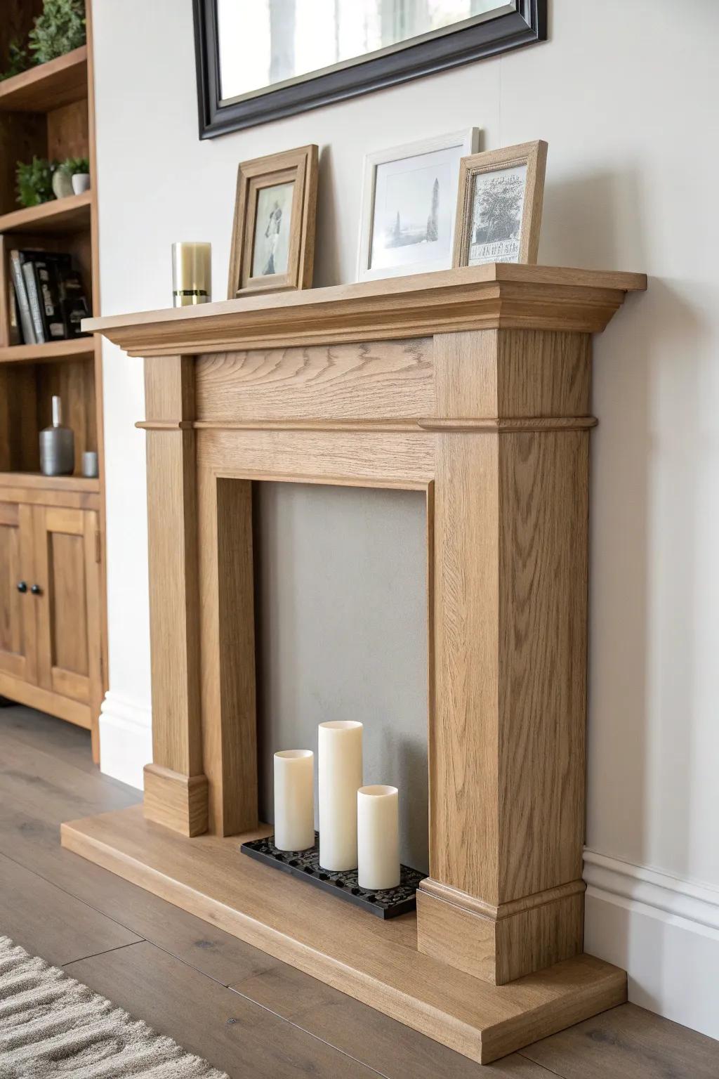 Rental-friendly freestanding faux mantel—instant fireplace charm with zero wall damage.