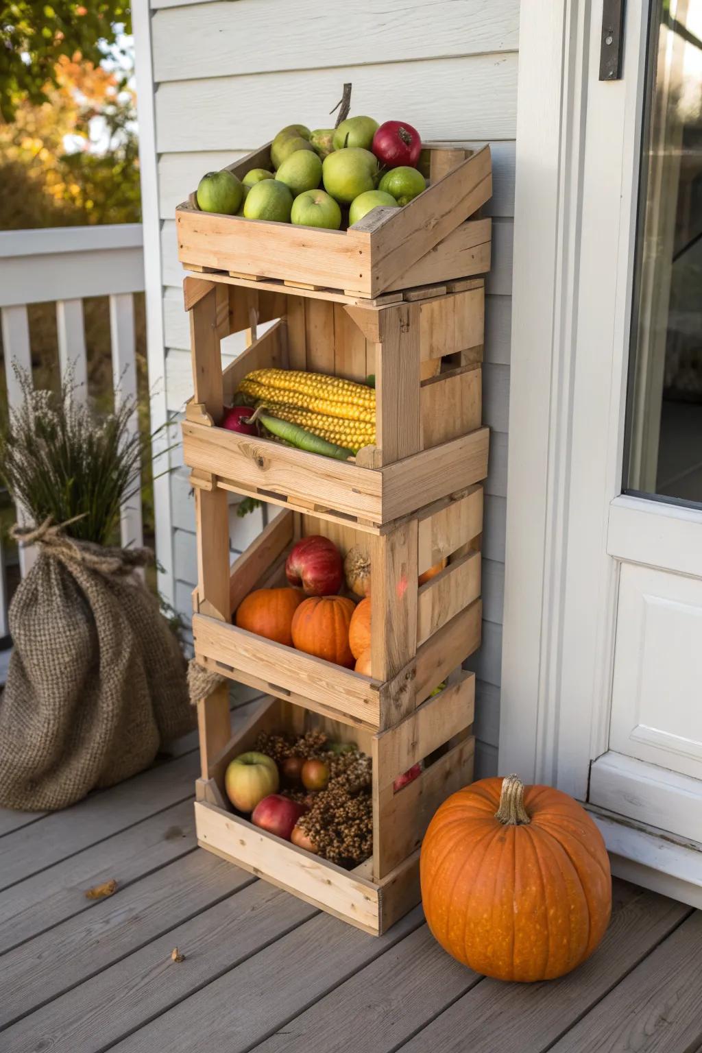 Stacked wooden crates become a cozy porch market stand for apples, squash, and dried corn.