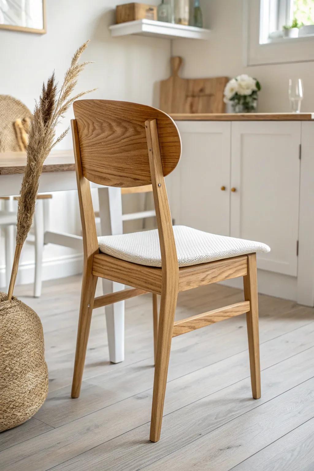 Two-tone oak and white dining chair: bright, sturdy, and effortless for family-friendly style.