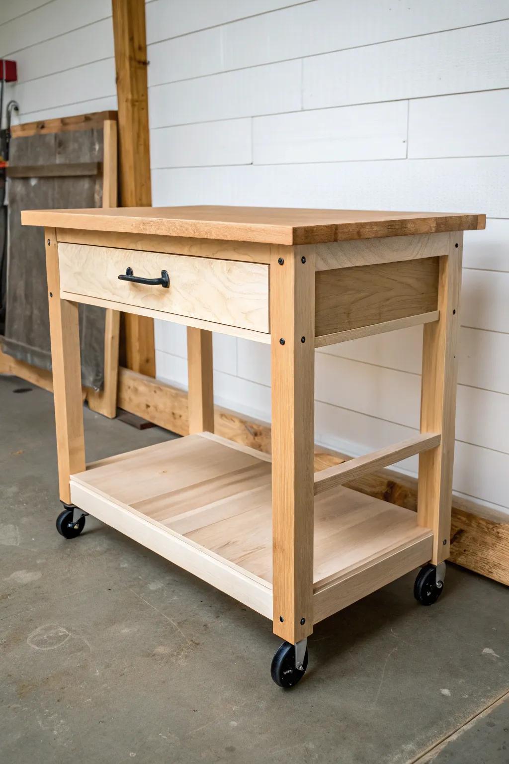 Handmade plywood rolling cart: Scandinavian-clean lines with a cozy boho touch for busy farm shops.
