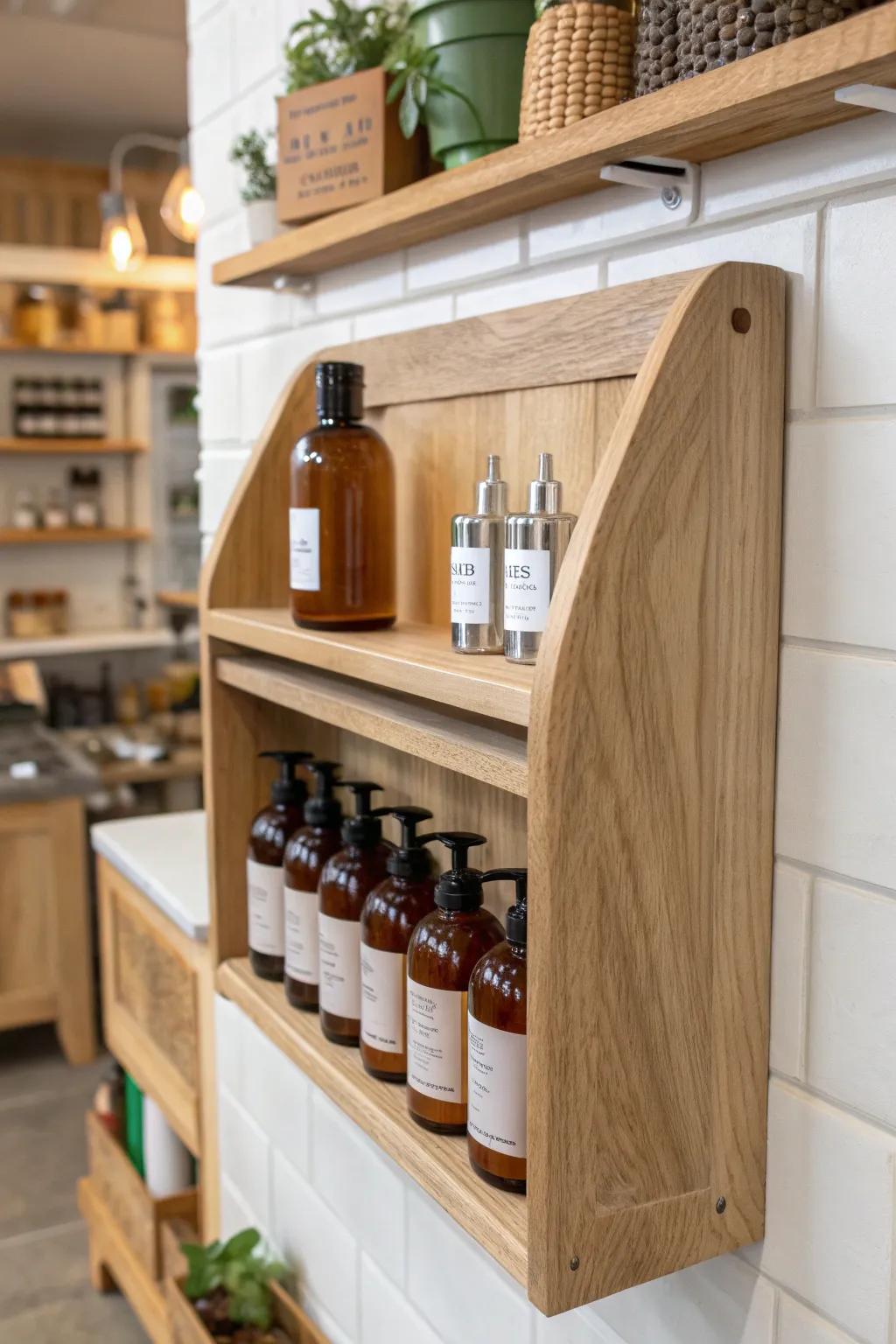 A dedicated fluid shelf with drip trays keeps oils tidy—and leaks easy to spot.