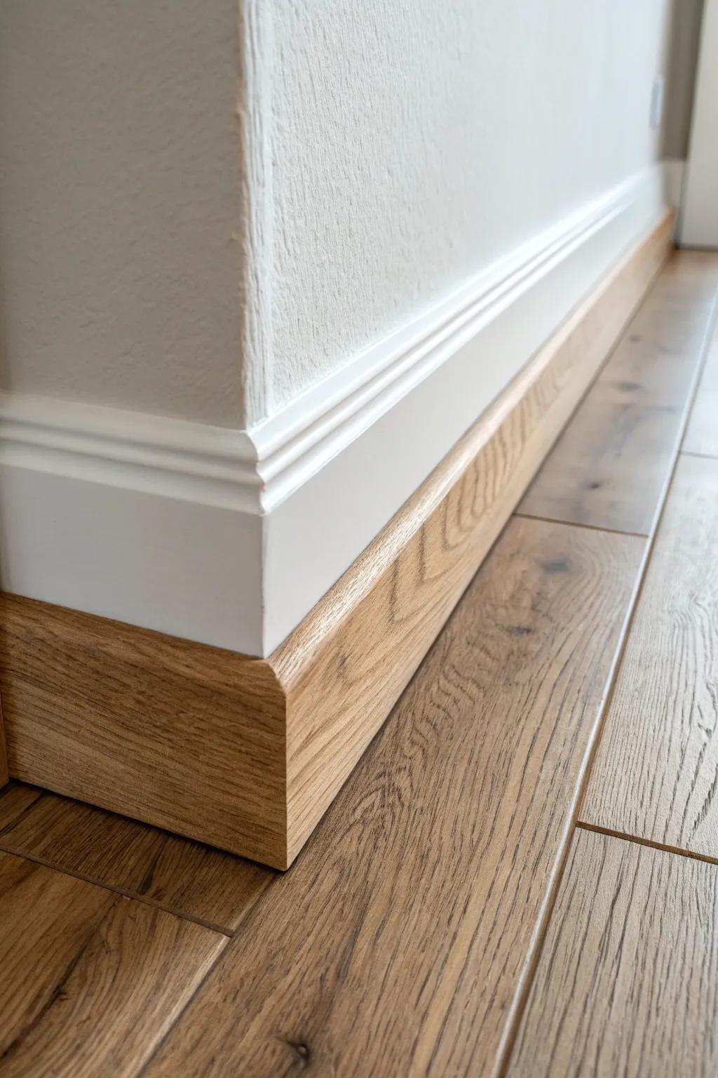 Reclaimed wood baseboard trim with authentic saw marks—farmhouse character in a clean, modern room.