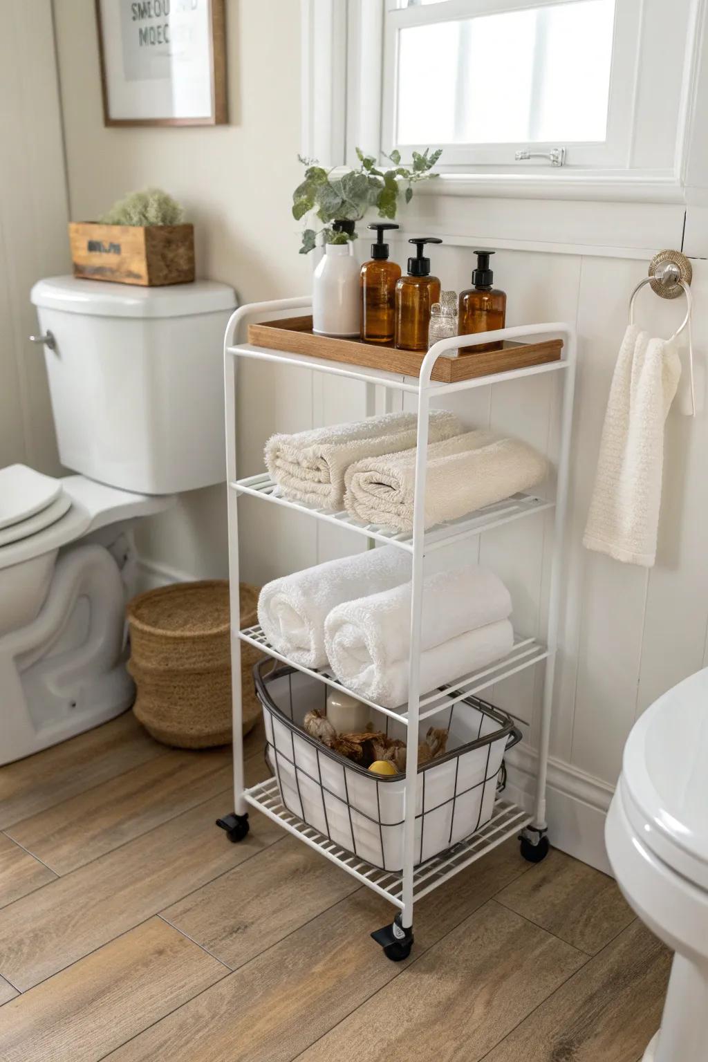 Slim rolling cart with a stained wood top—perfect farmhouse storage for tight bathroom gaps.