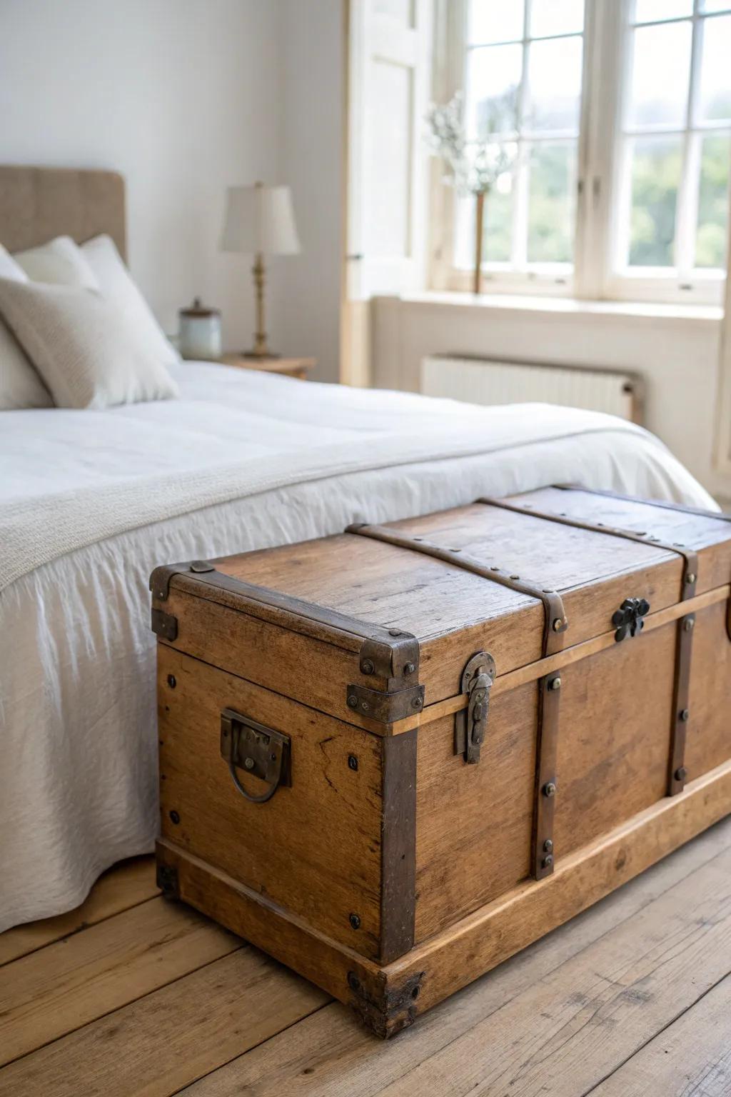 A vintage wooden trunk adds farmhouse charm—extra storage and a cozy bench in one.