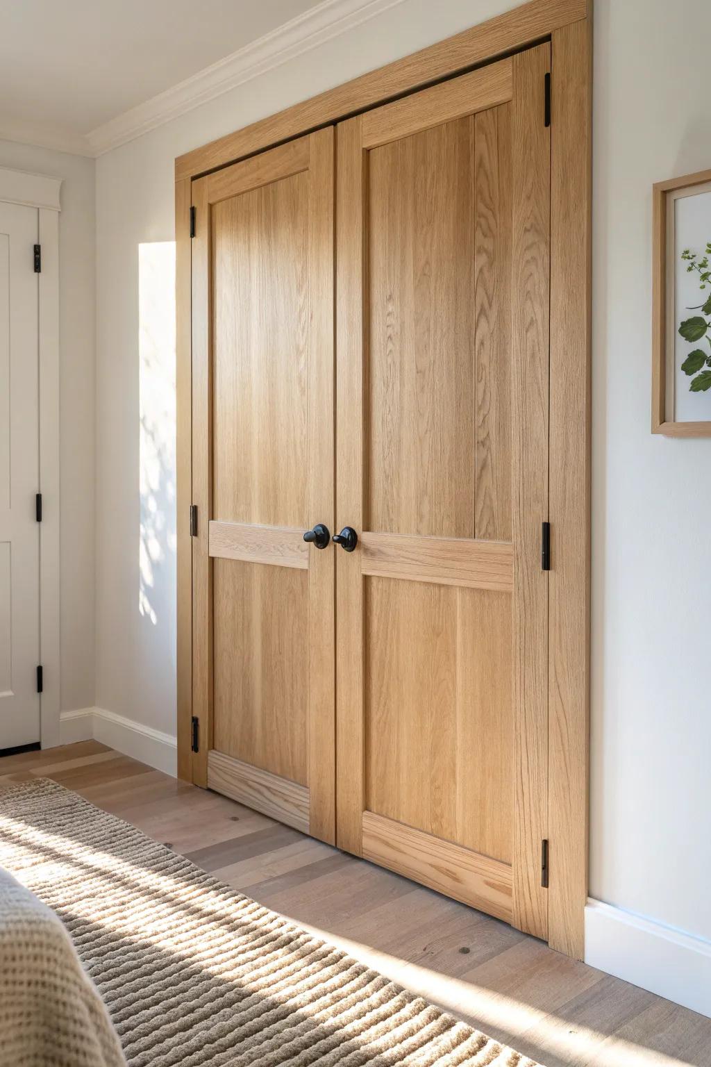 Soft French-style double closet doors with farmhouse trim—simple, charming, and timeless.