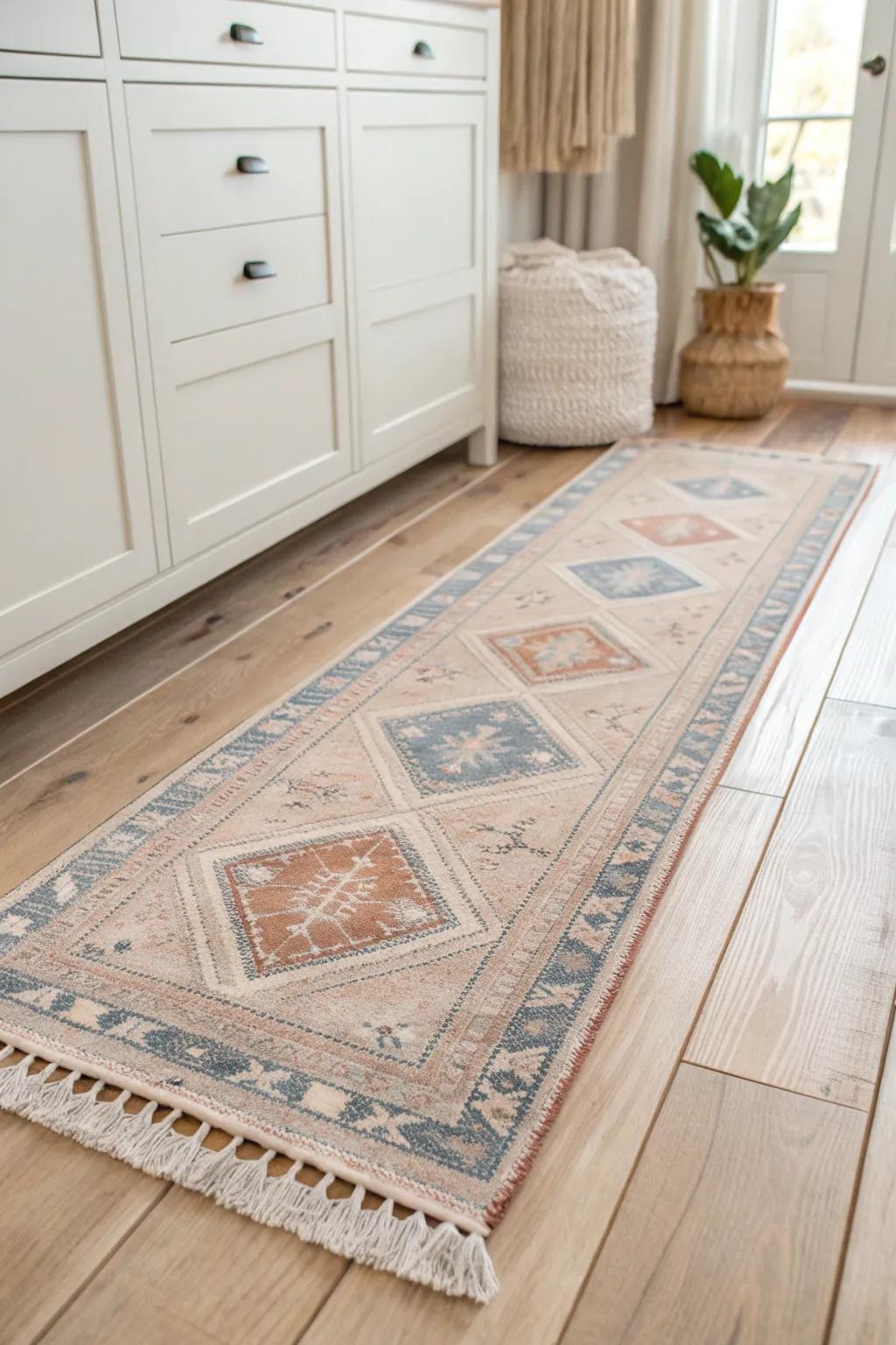 A vintage runner instantly warms up a farmhouse closet—soft texture, timeless pattern, cozy vibe.