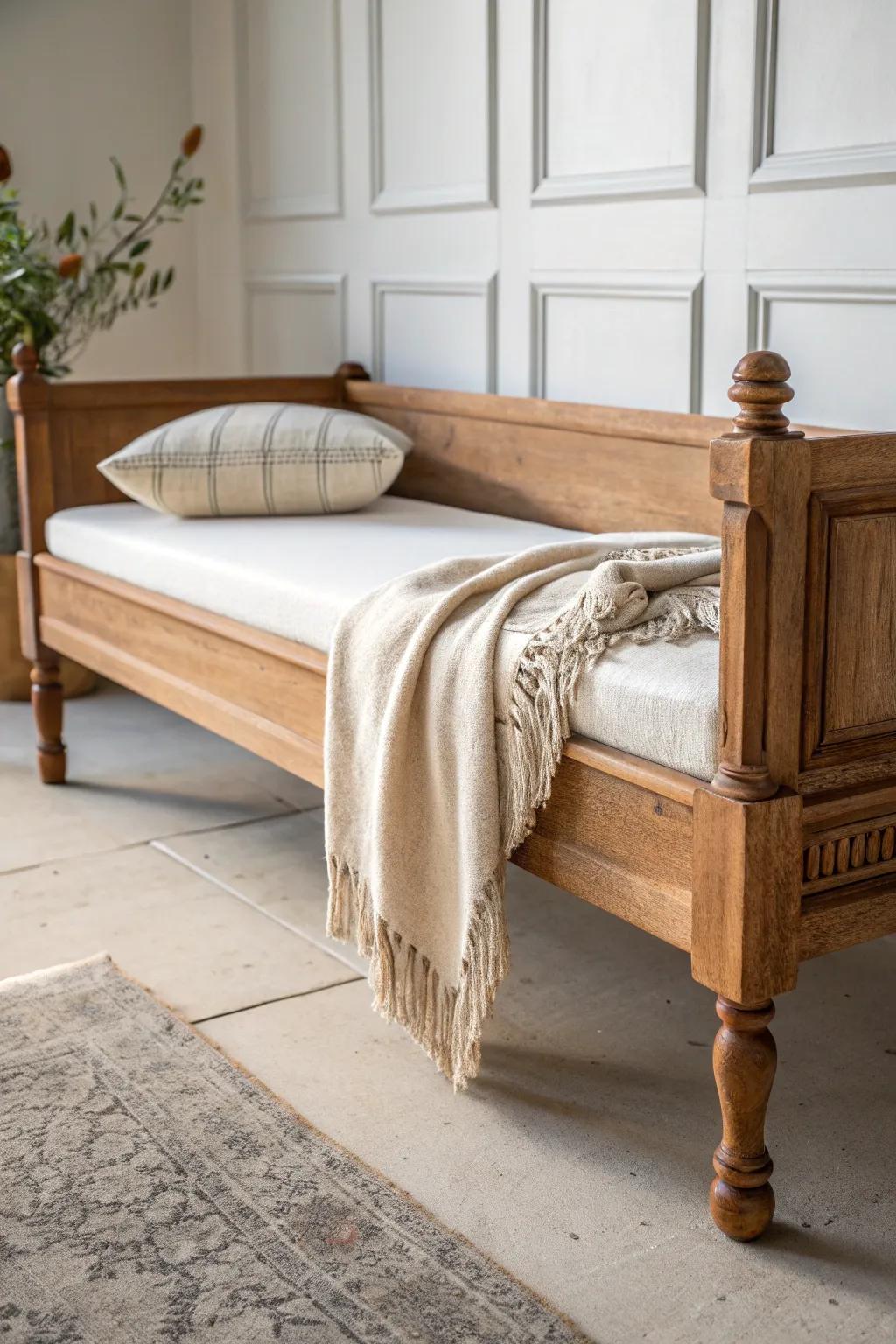Turned legs transform a simple daybed into farmhouse charm—clean, cozy, and handcrafted.
