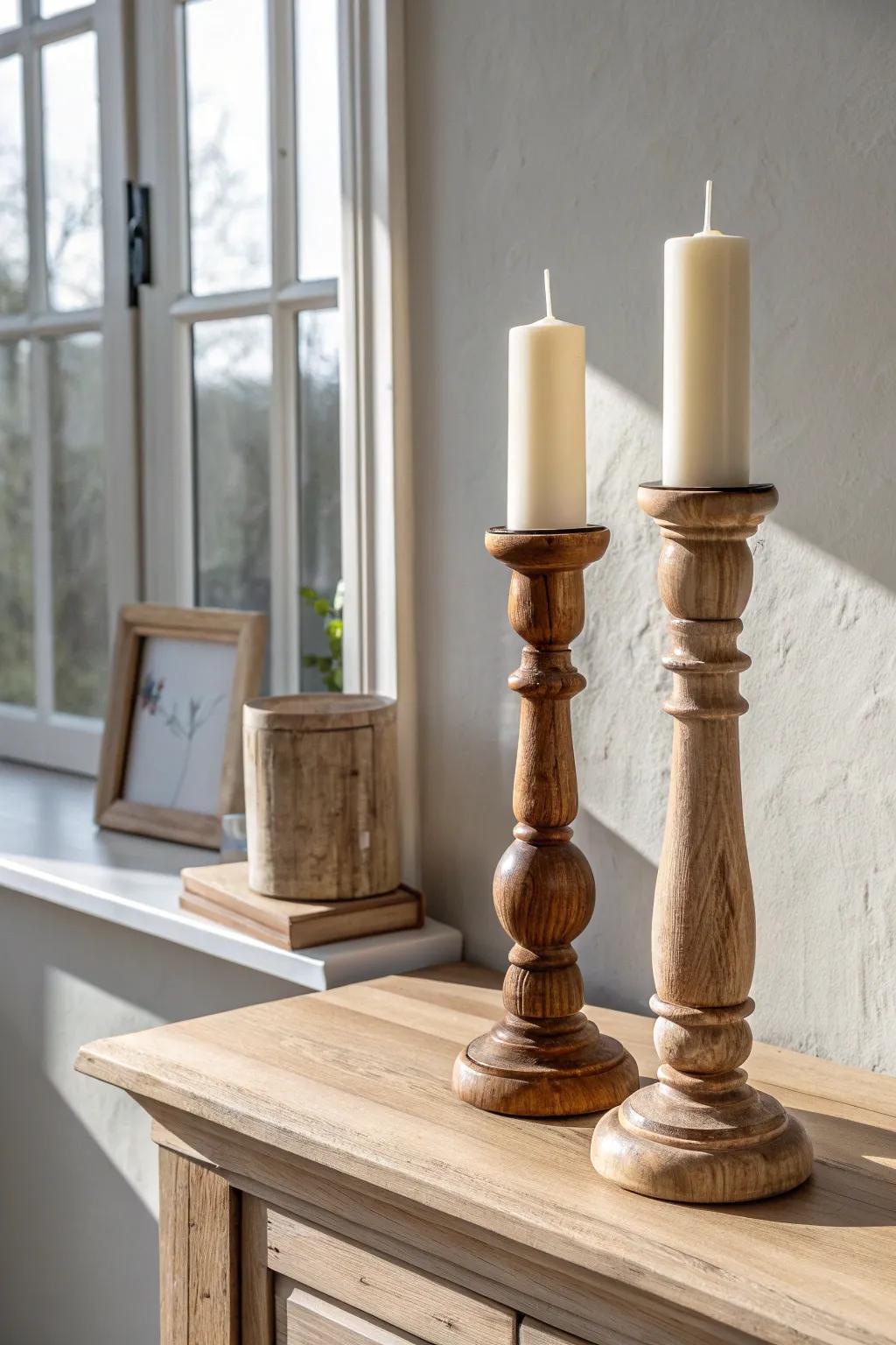 Mixed-height turned wood candlesticks bring calm farmhouse rhythm and handmade warmth.