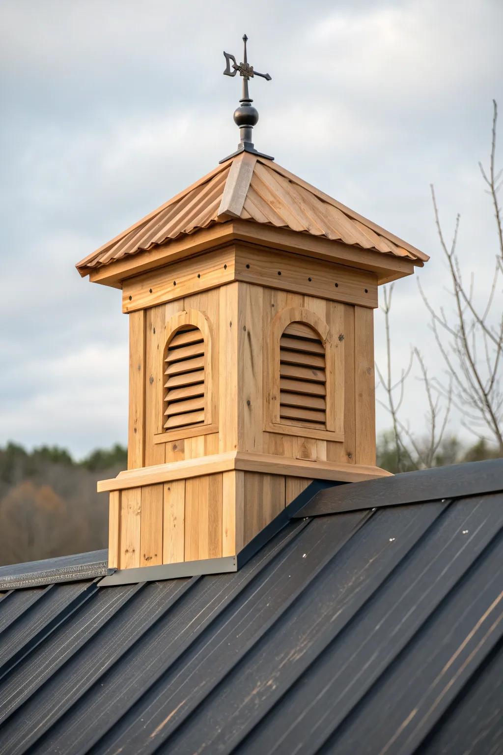 A petite cedar cupola adds instant mini-barn charm—simple lines, rich grain, bold contrast.