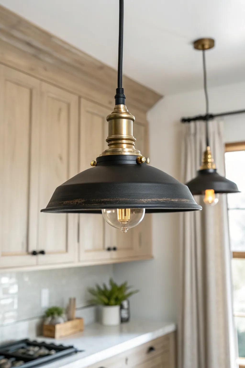 Matte black pendant with brushed brass details—farmhouse contrast that feels warm and cozy.