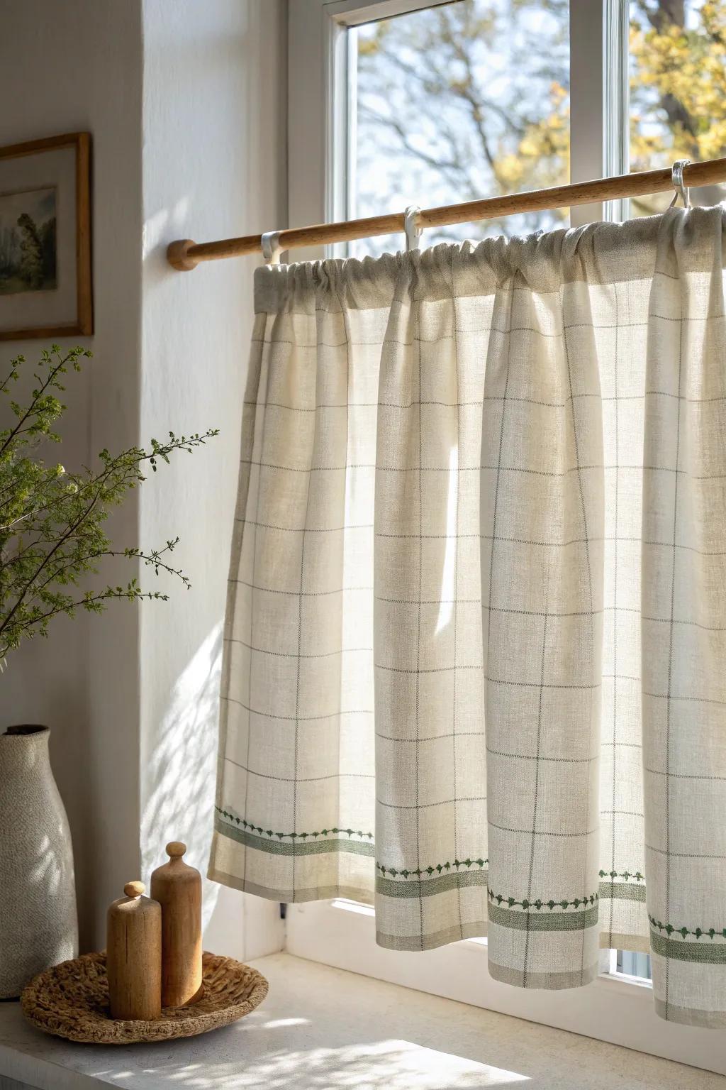 Soft checked café curtain in linen brings cozy farmhouse warmth—simple, nostalgic, and airy.
