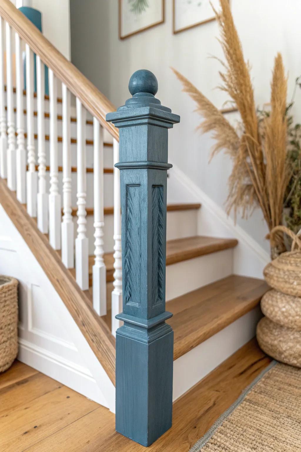 Smoky denim blue turns stair railings into storybook farmhouse charm—with character built in.