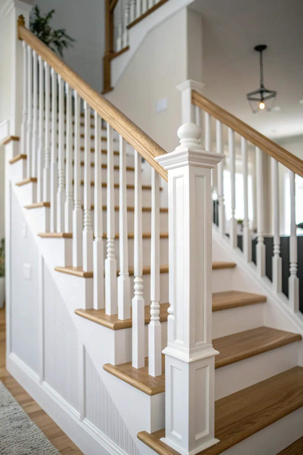 Classic turned spindles + a sleek oak handrail for a fresh, modern farmhouse stair vibe.