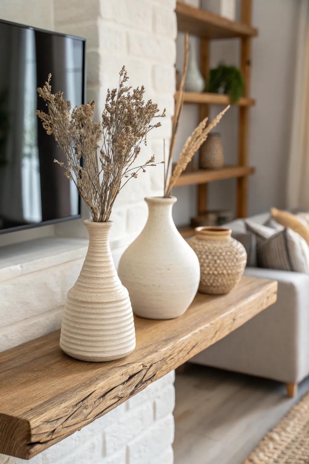 Balanced pairs on a warm oak shelf bring calm, polished farmhouse style to your living room.
