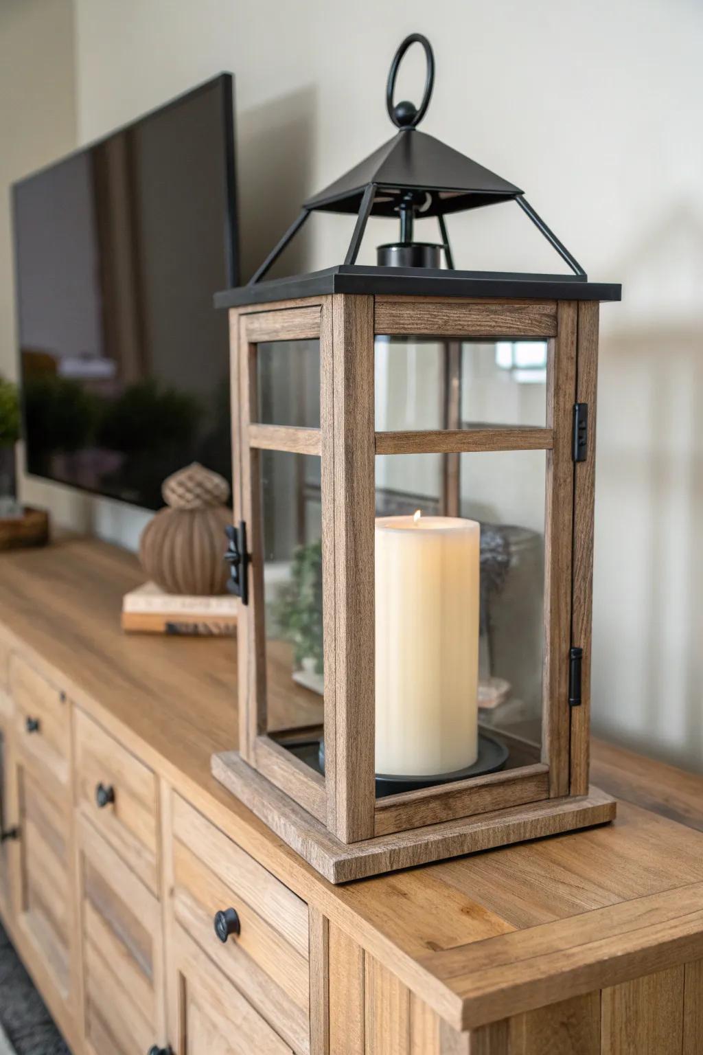 A handcrafted lantern adds cozy farmhouse glow and balances your TV stand with timeless warmth.