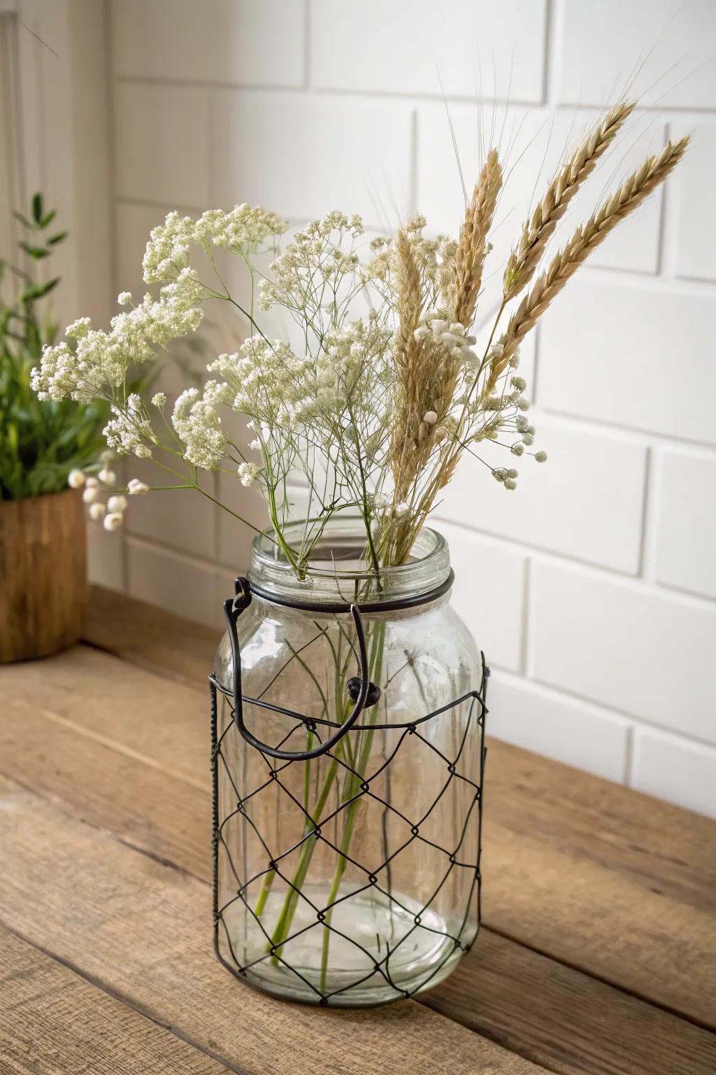 A simple jar, snug wire wrap, and a twist handle—instant farmhouse charm with clean contrast.