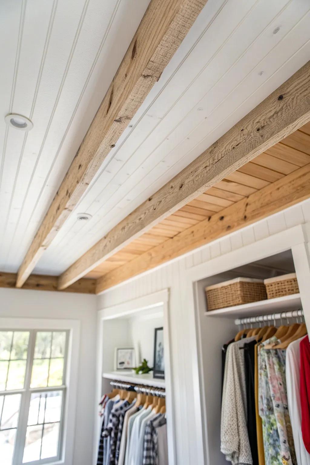 Warm oak faux beam on a white plank ceiling for instant farmhouse closet charm.