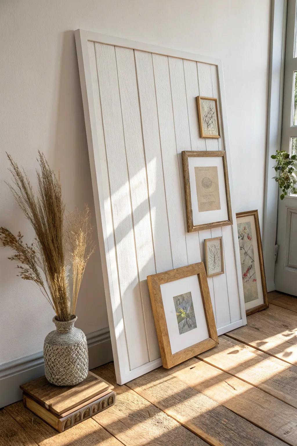 Warm white shiplap backer panel makes a farmhouse collage feel clean, crafted, and elevated.