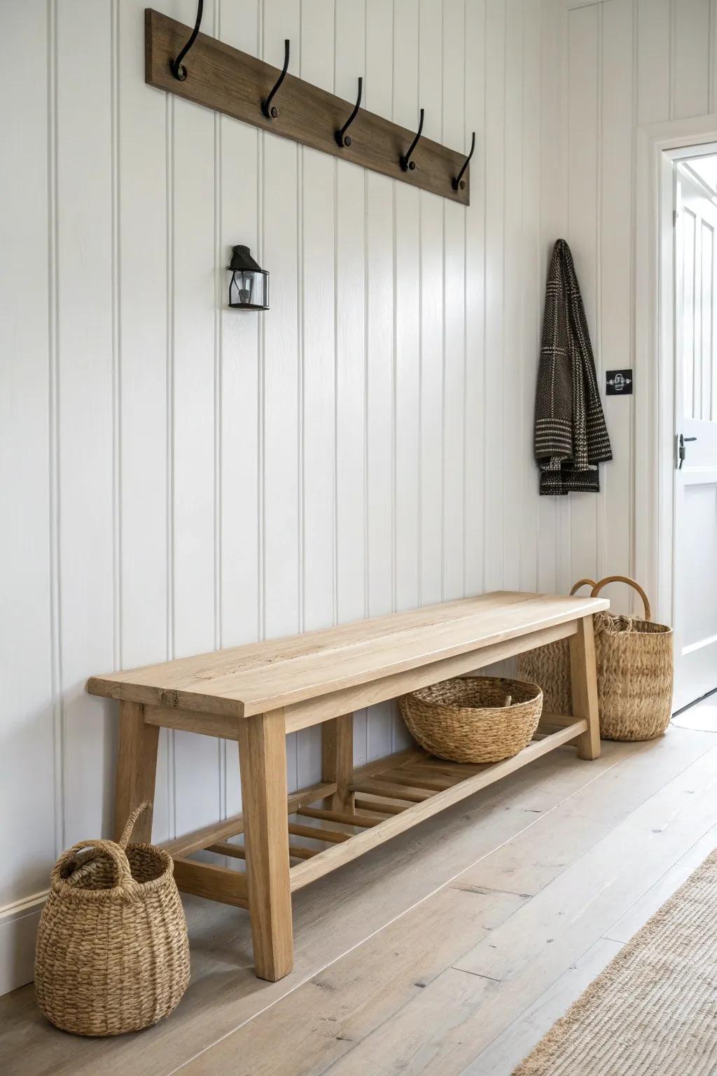 A simple oak bench becomes built-in magic with crisp shiplap paneling and a few hooks.