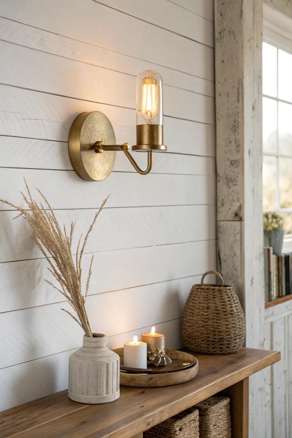 Warm brass sconce lighting turns open farmhouse wet bar shelves into a cozy focal point.