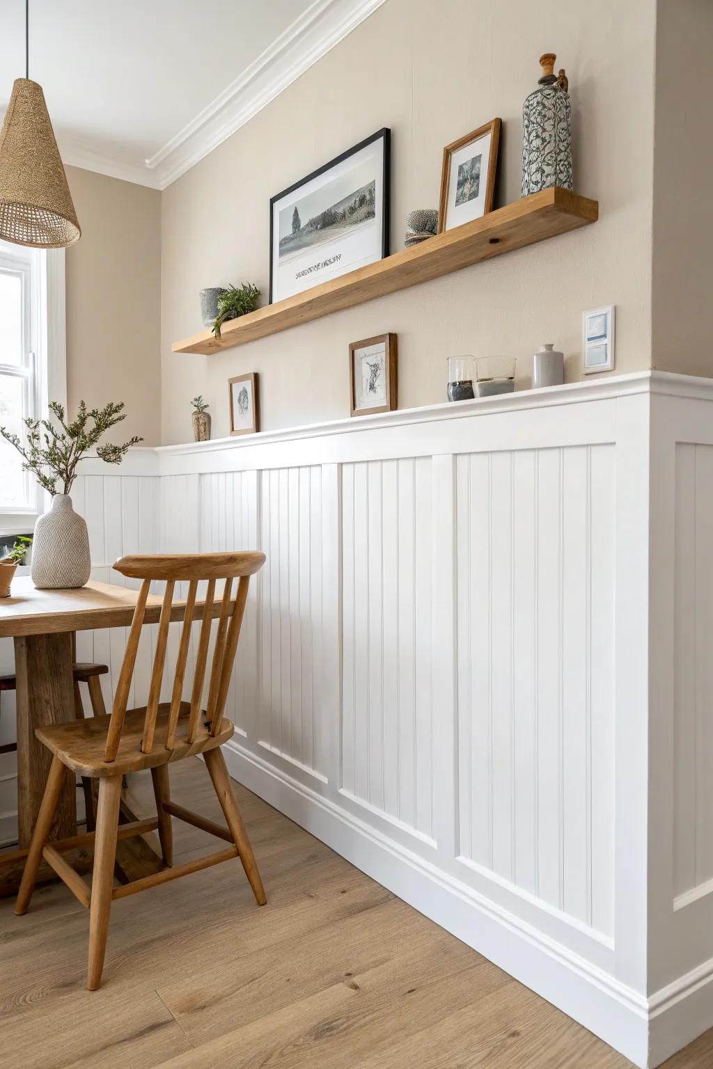 Modern half-wall wainscoting that adds polish—clean lines, soft tones, and warm wood detail.