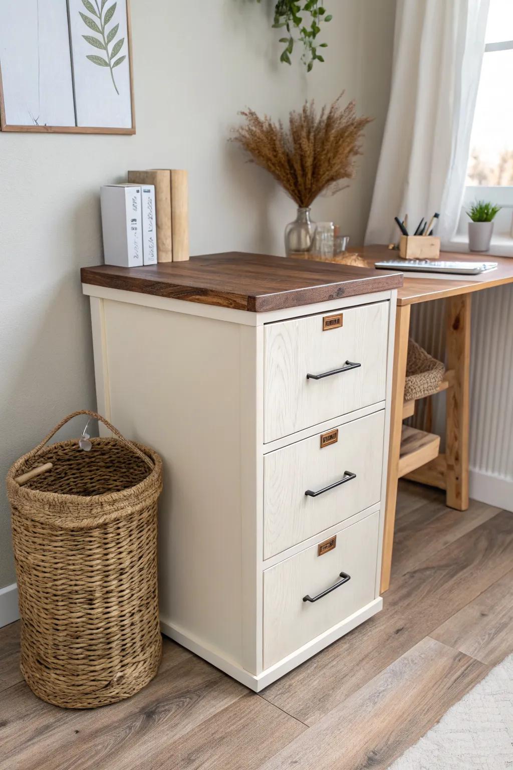 Painted file cabinet + warm stained wood top: the fastest high-contrast desk glow-up.
