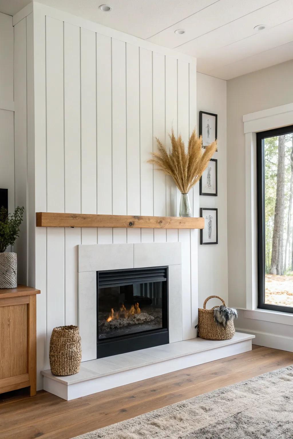 Floor-to-ceiling board-and-batten fireplace wall—classic, bright, and beautifully crafted.
