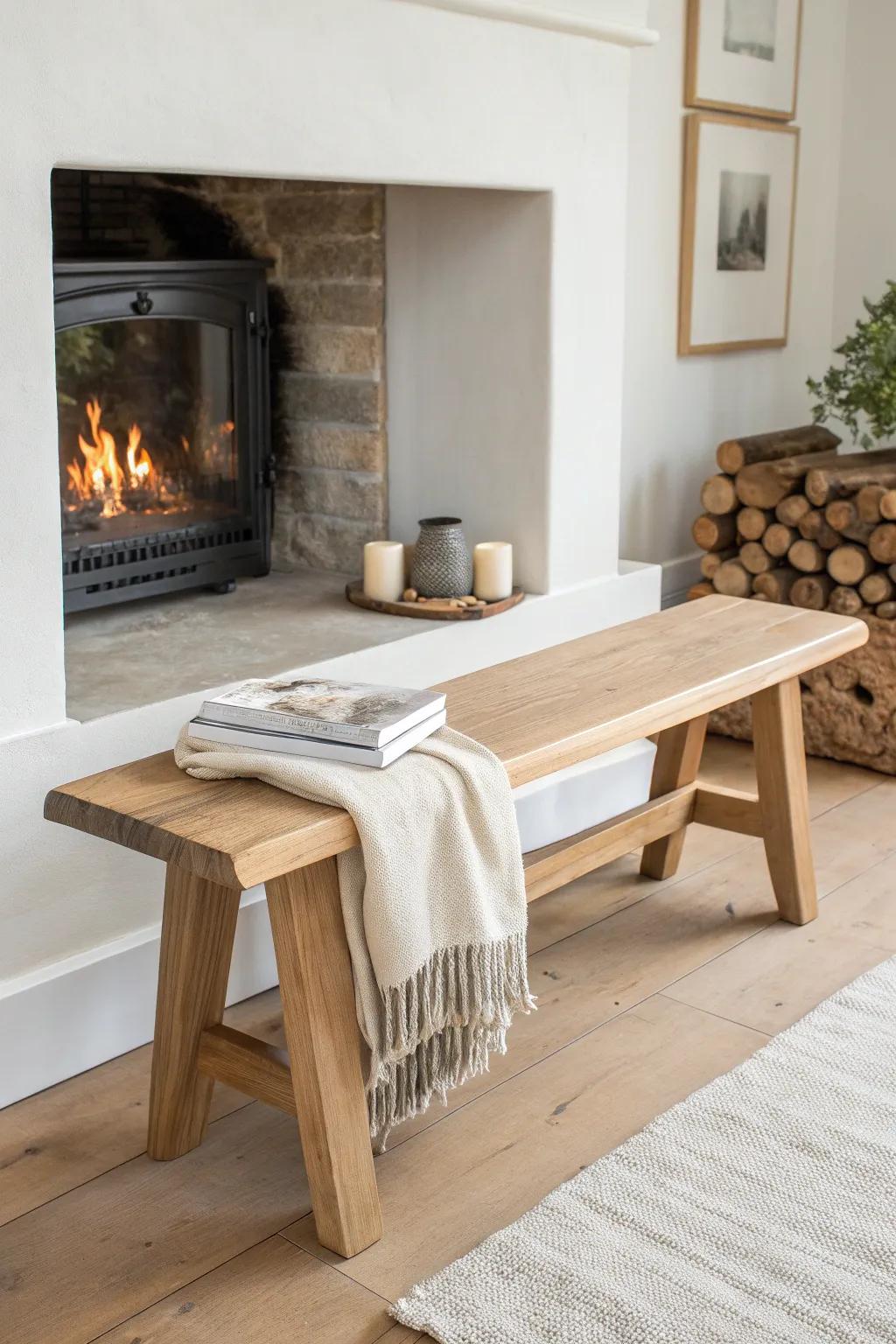 A rustic oak hearth bench adds cozy extra seating and timeless Scandinavian warmth.