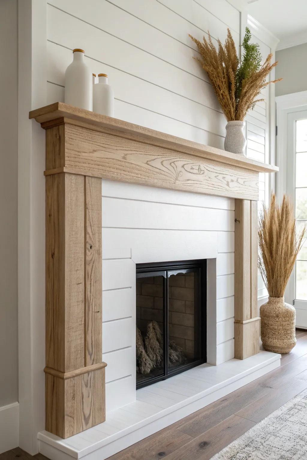 Shiplap above the mantel adds height, texture, and a finished feature-wall look in minutes.