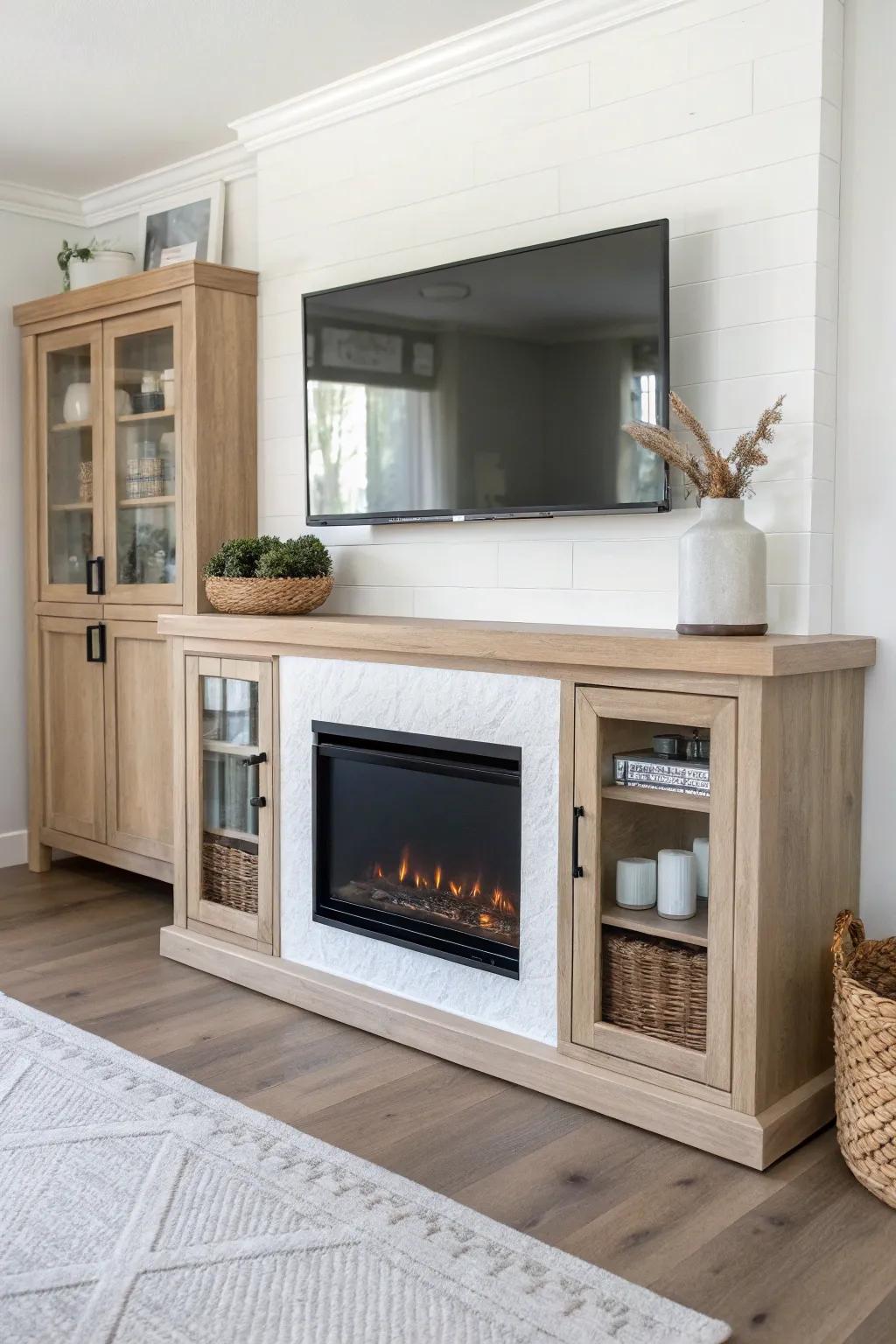 Glass-front side cabinets keep your fireplace TV stand sleek while gear stays accessible.
