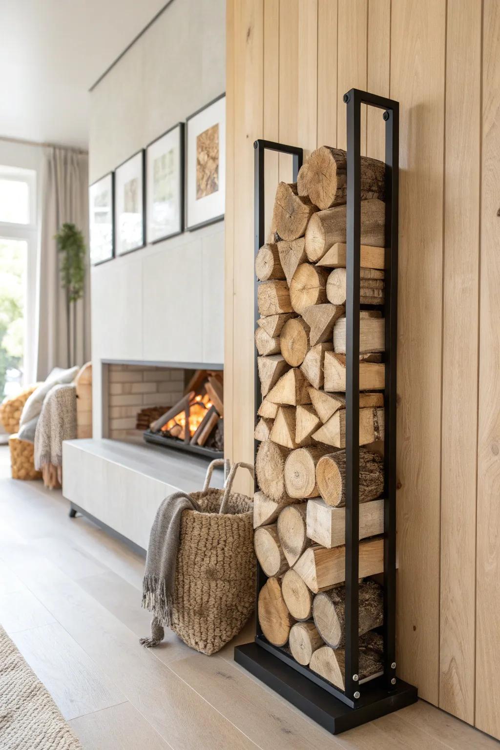 Wall-mounted firewood holder: a tidy vertical stack that doubles as warm, minimalist decor.
